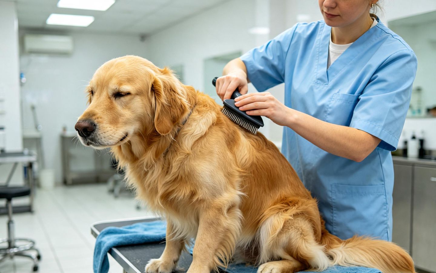 A groomer using a slicker brush along the back of a golden retriever.