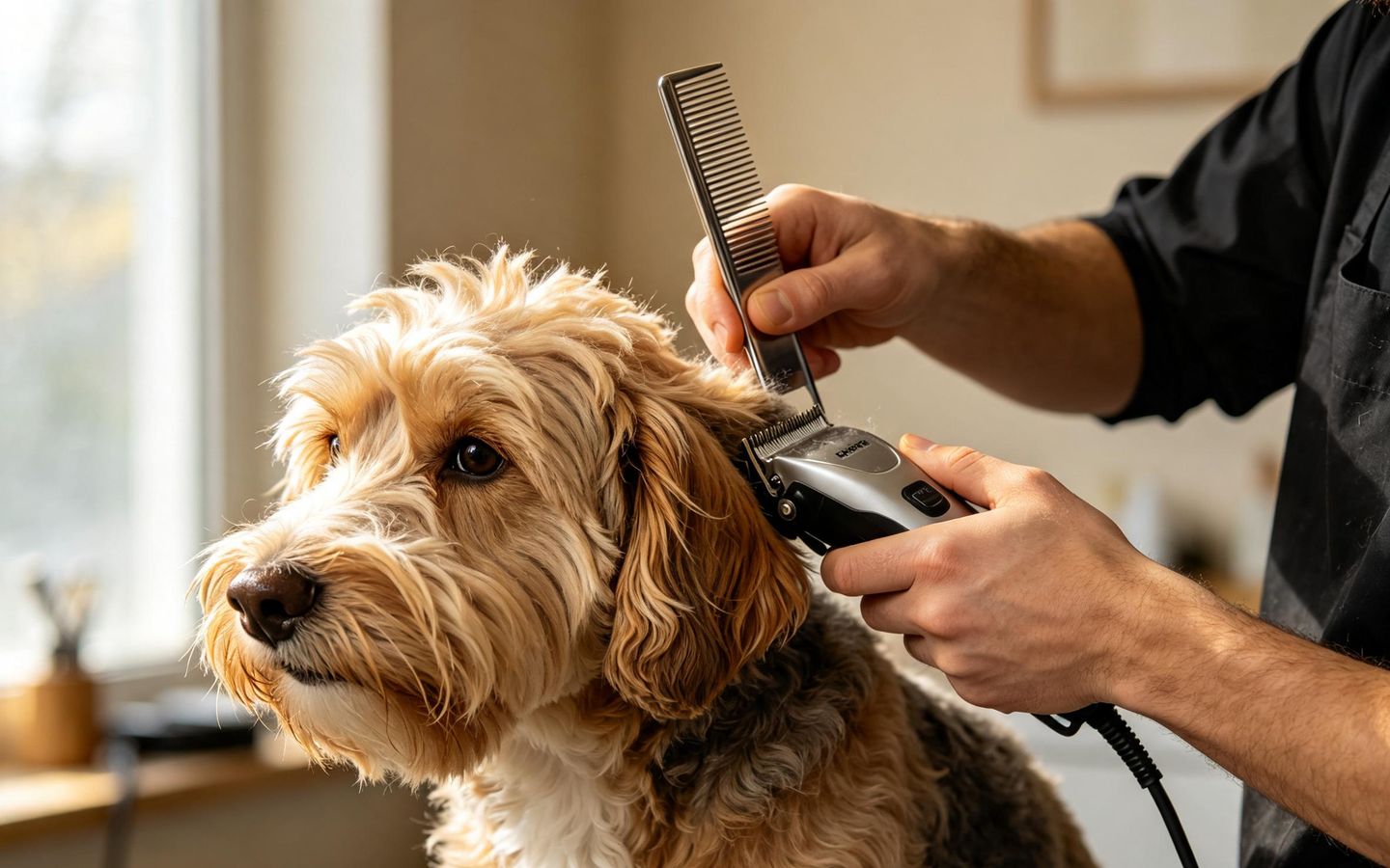 A groomer clipping the face of a shaggy terrier cross with clippers and a comb.
