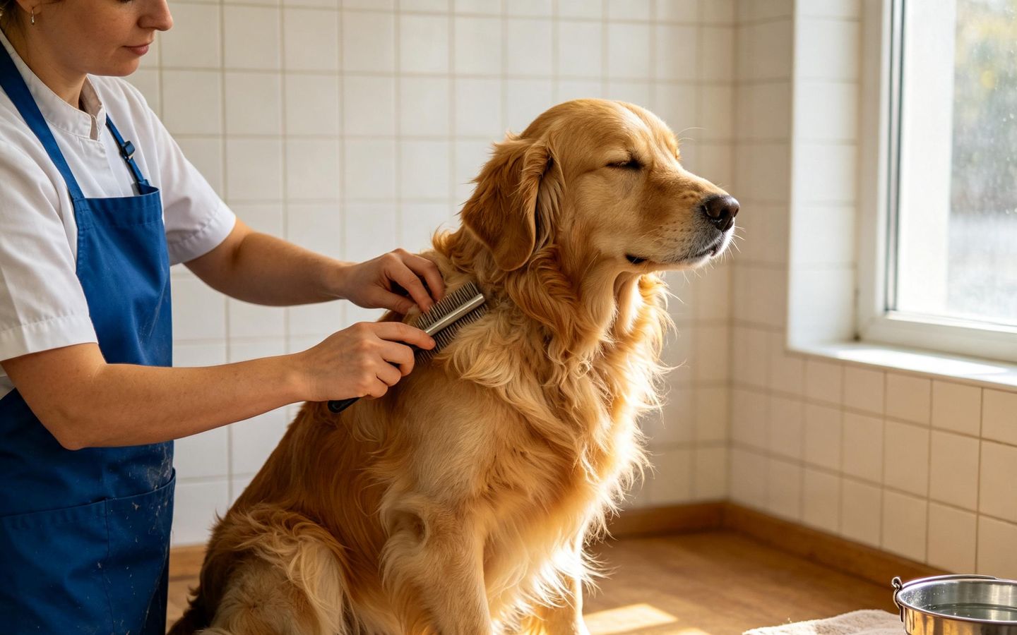 A groomer in a blue apron combing out a golden retriever on a grooming table in a sunlit salon.