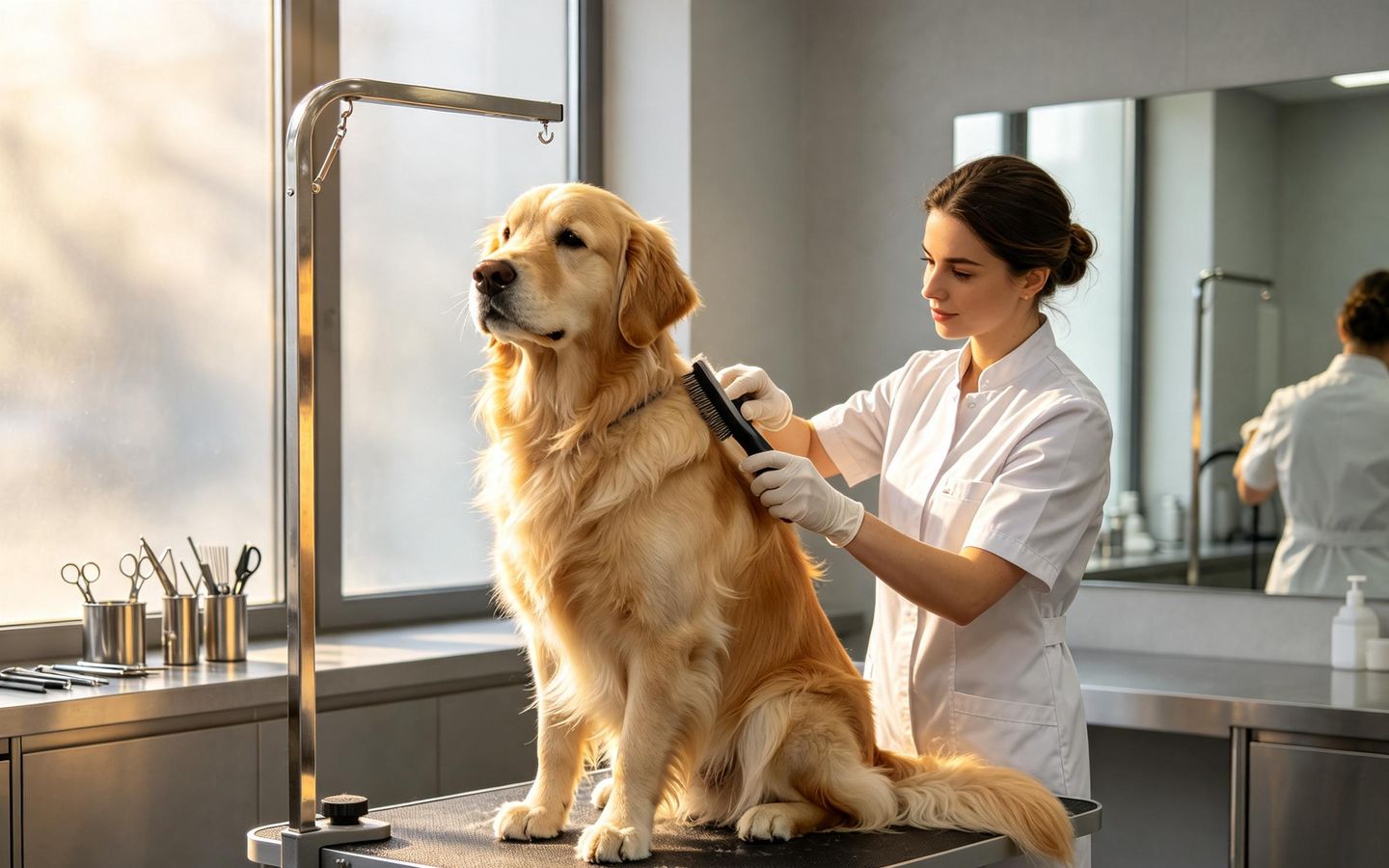 A bright grooming salon with a hydraulic table, a golden retriever standing calmly and tools laid out.