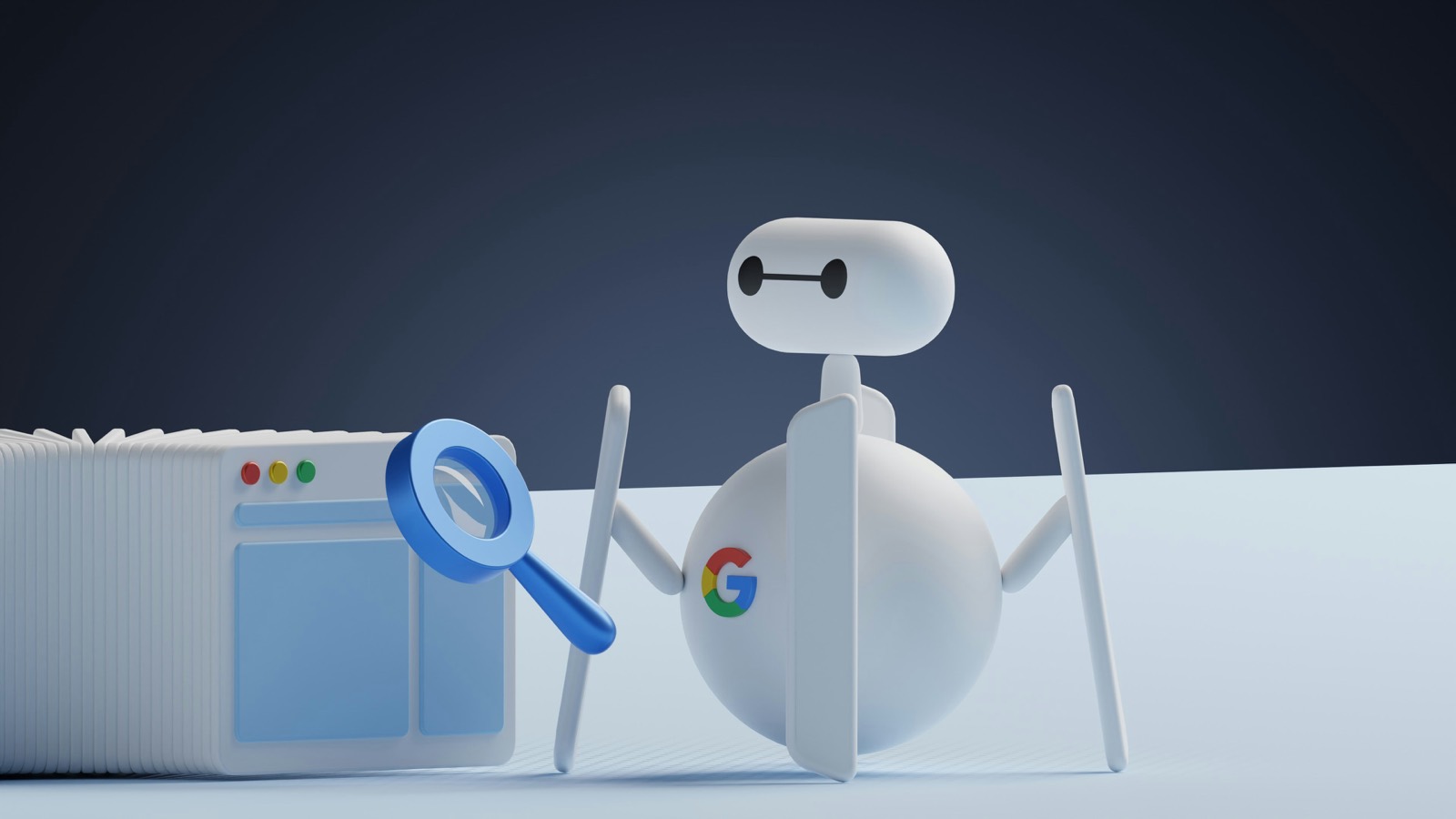 A illustrated robot carrying a Google logo and holding a magnifying glass up to a web browser window