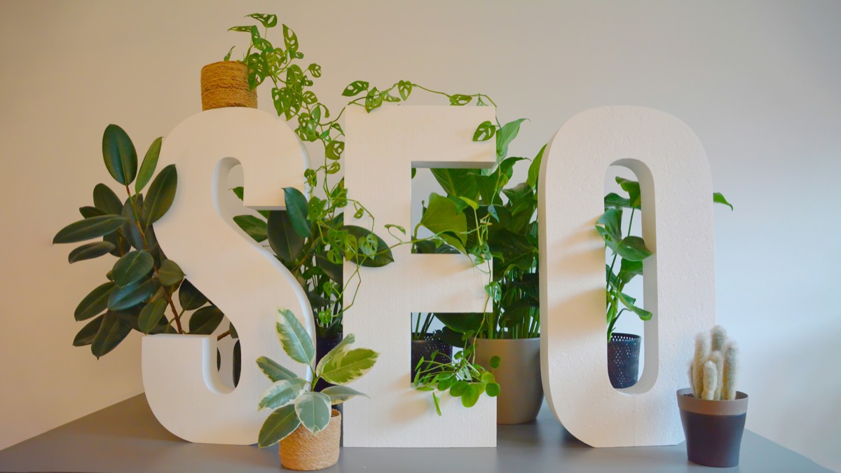 Large white letters spelling SEO on a shelf, filled with trailing houseplants