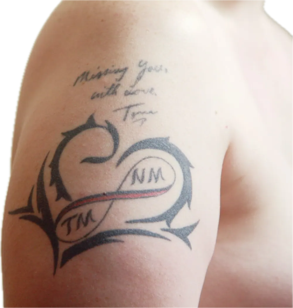 Black and grey tattoo on a leg
